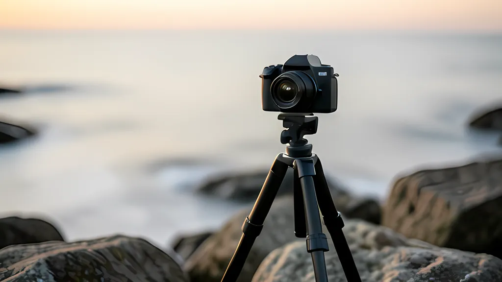 A camera on a tripod at a rocky shore at dusk, with the sea blurred into a smooth silky surface around the rocks