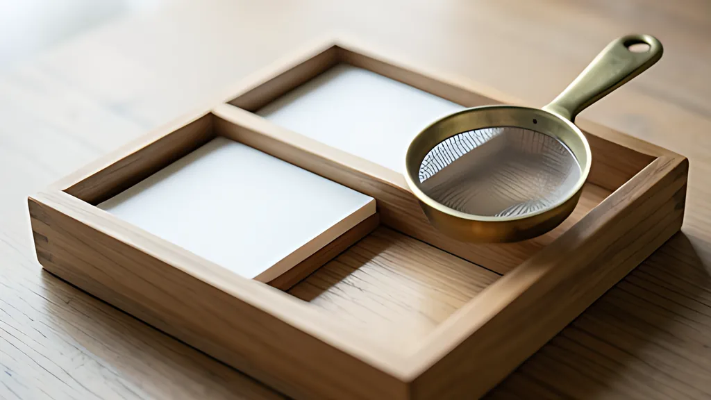A wooden sorting tray with two compartments of small blank tiles and a brass sieve resting across it in soft daylight.