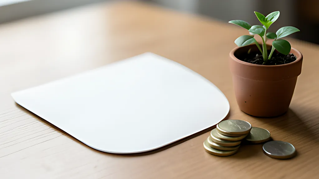 A blank rounded envelope on a desk beside a short stack of soft rounded coins and a small potted sprout, in sky blue and gold.