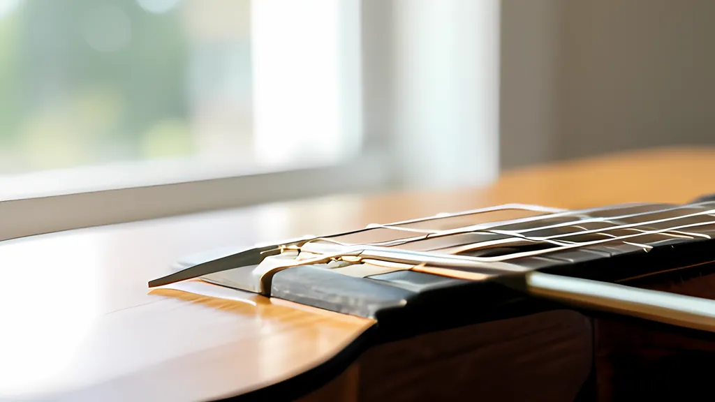 A steel tuning fork lying across the strings of an acoustic guitar in warm window light, with the soundhole soft and out of focus behind it.
