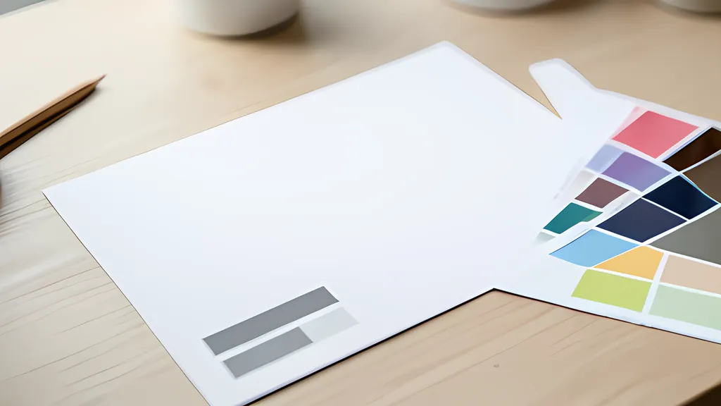 A blank white card on a wooden desk with two gray bars in one corner, beside a fan of colour swatches and a pencil.