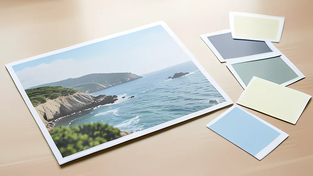 A printed photo of a rocky coast lying on a desk beside five paint swatch cards in the pale blues, gray-green and cream of the picture