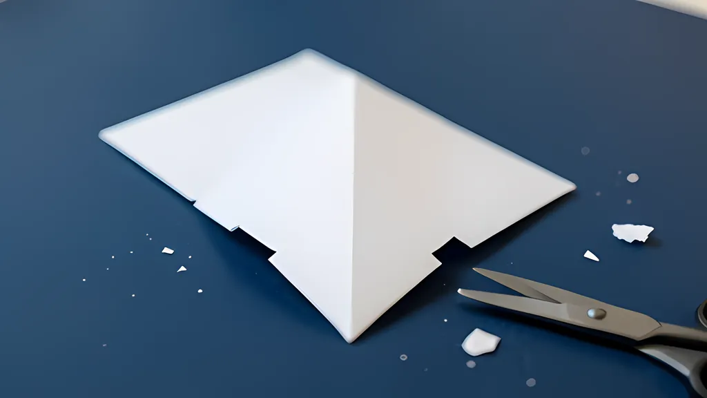 A sheet of white paper folded to a point with small notches cut from its edges, lying on a dark blue table beside scissors and paper scraps