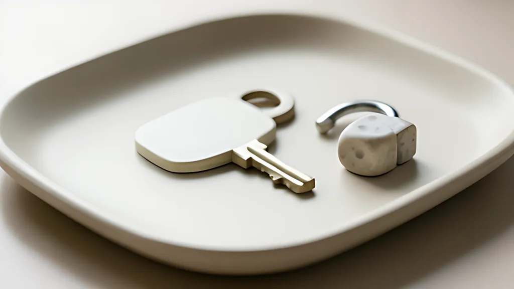 A blank rounded key resting on a pale tray beside two soft rounded dice and a small closed padlock.