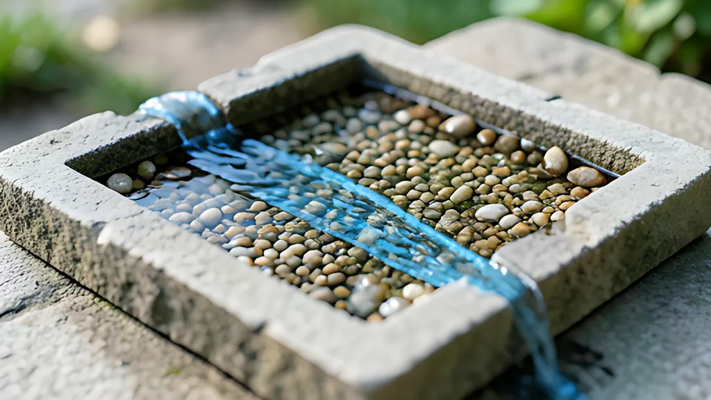 A square stone tray of small pebbles and gaps in soft light, with a thin stream of blue water winding from one edge to the opposite edge.