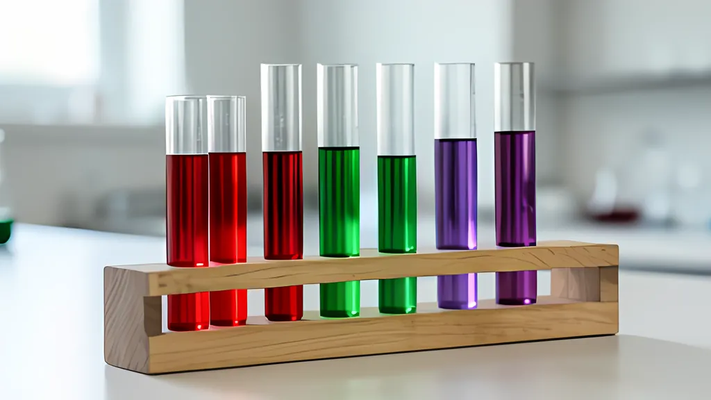A row of glass test tubes in a wooden rack on a lab bench, holding liquids that shade from red through green to violet