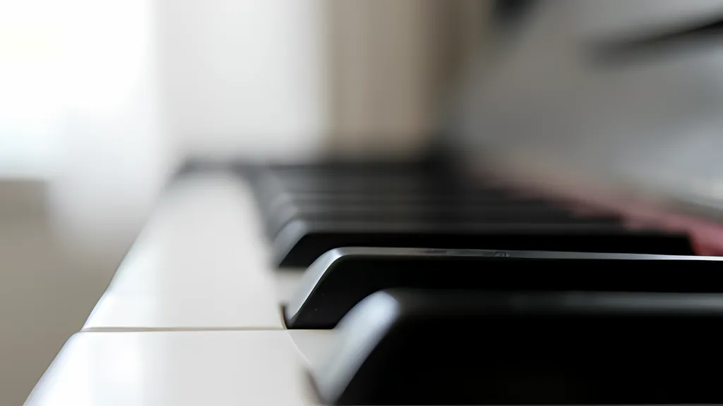 Close-up along a row of piano keys in soft window light, the nearest black keys sharp and the rest of the keyboard falling out of focus.