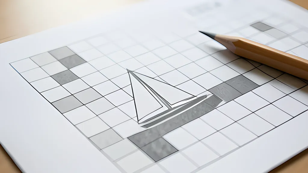 A printed grid puzzle on white paper with some squares shaded gray and a small sailboat sketched in the middle, a pencil resting across it