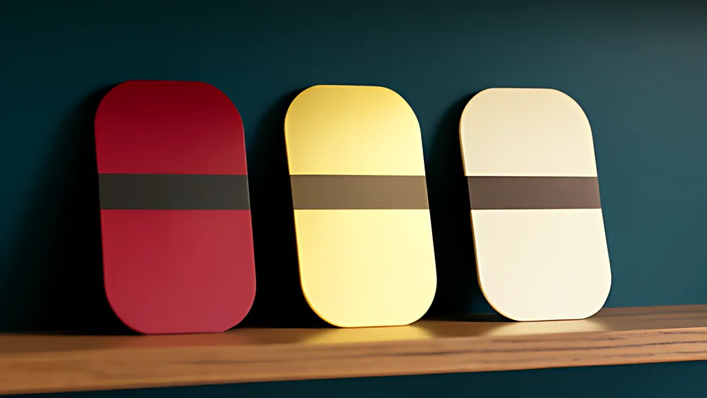 Three tall rounded cards in crimson, gold and cream leaning in a row on a wooden shelf against a dark teal wall, each with a darker band across its upper part.