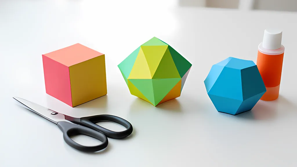 A pink and yellow paper cube, a green and yellow paper icosahedron and a blue paper dodecahedron on a white desk with black scissors and an orange glue bottle