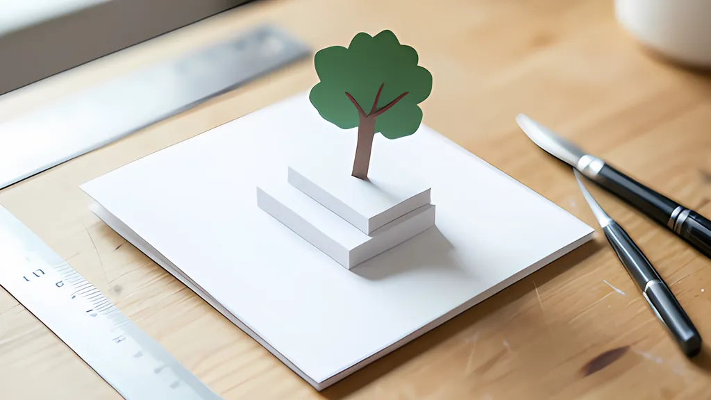 A white pop-up card lying open on a wooden table, with stepped paper layers and a small green paper tree rising from it, beside two pens and a metal ruler