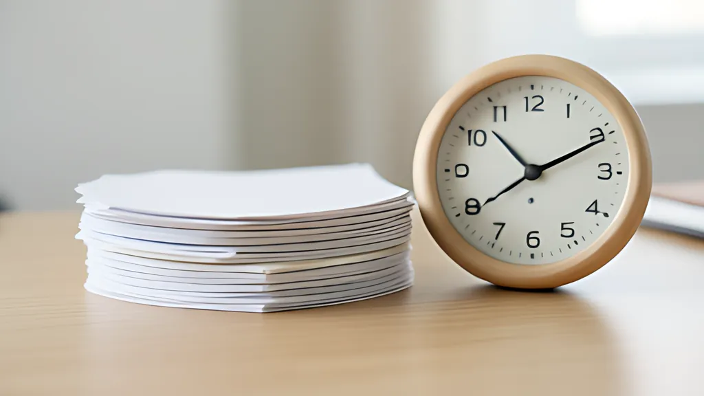 A neat stack of white papers on a light wooden desk beside a round clock with a pale wooden rim and a cream face.