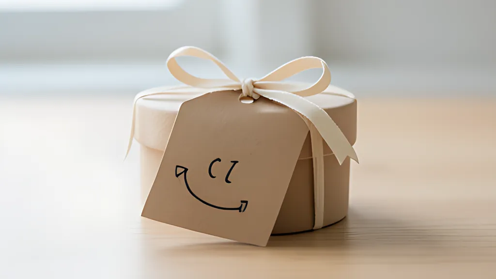 A small round kraft gift box on a wooden desk, tied with a cream ribbon bow and a brown paper tag with a hand-drawn doodle.