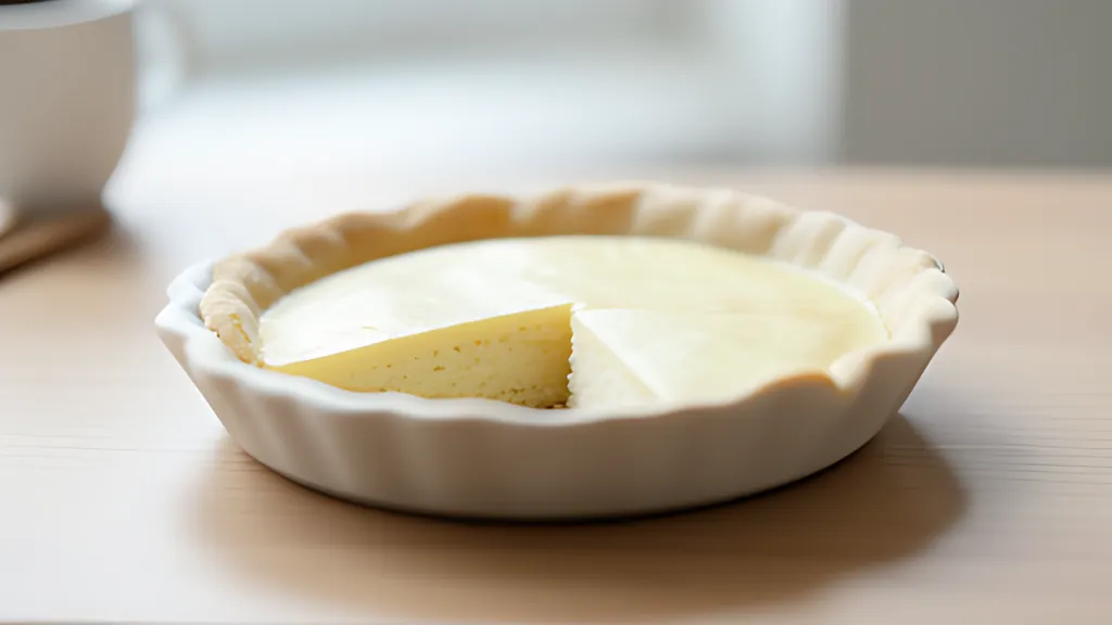 A small rounded pie dish on a desk, cut into soft slices of different widths, with one large slice set a little apart from the rest.