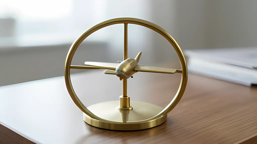 A small brass model aircraft held inside a single brass ring on a round stand, on a wooden desk in soft daylight.