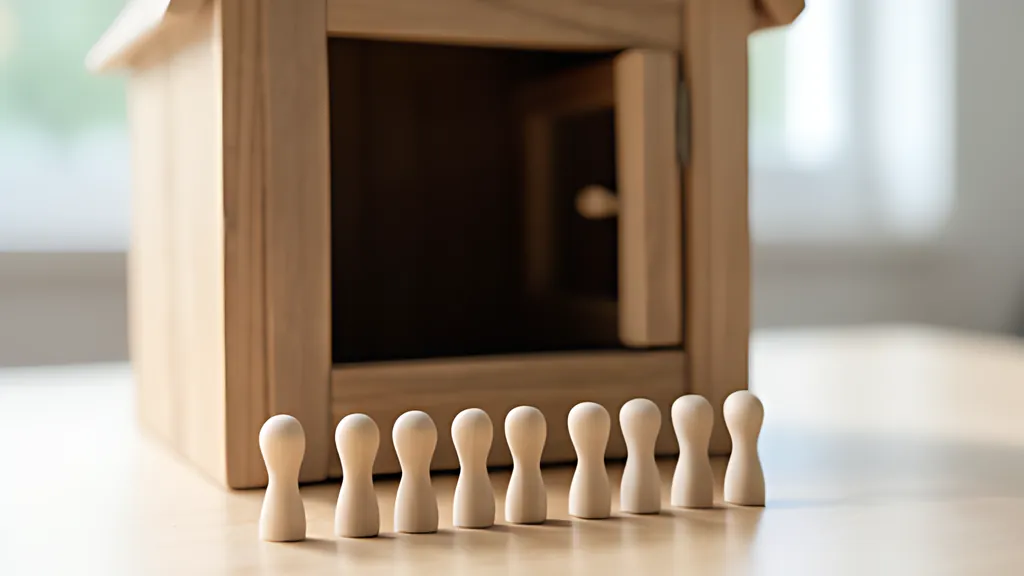 A row of nine small wooden pegs lined up on a table in front of a little wooden booth with an open window, in soft daylight, with no people