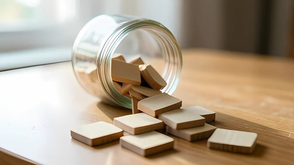 A glass jar tipped over on a wooden table, spilling a loose trail of small blank wooden tiles in afternoon light.