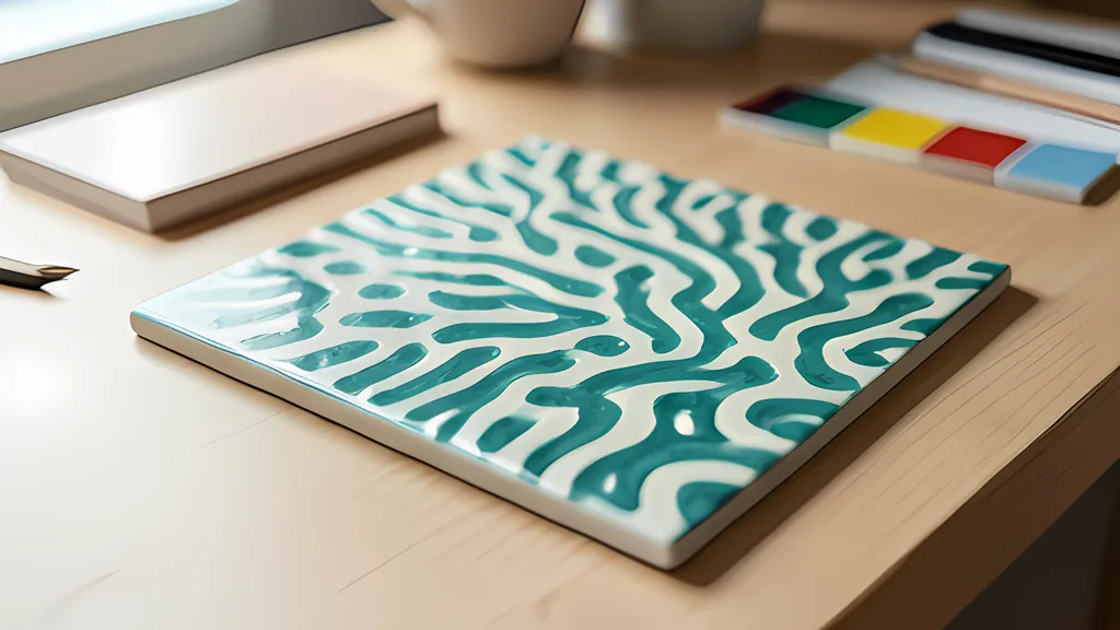 A ceramic tile with teal spots and winding labyrinth stripes like coral, resting on a desk beside color swatches.