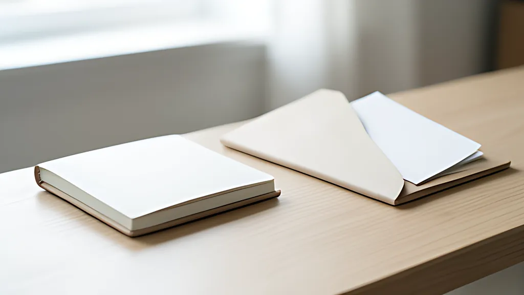 A small rounded open notebook on a desk beside a soft folder with a few blank cards peeking out, in amber and teal