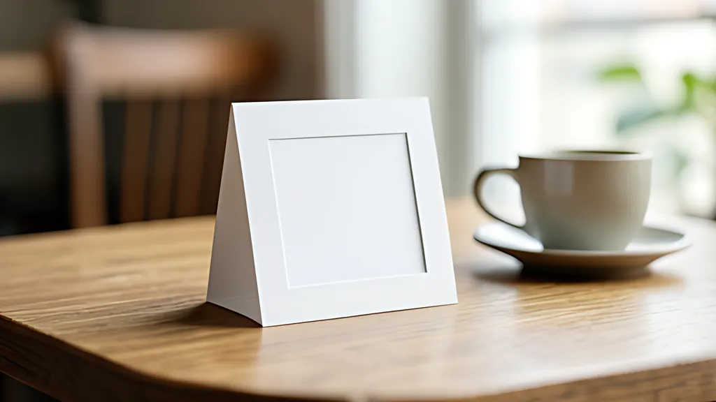 A small folded table tent card with a blank square panel standing on a cafe table beside a cup in soft daylight.