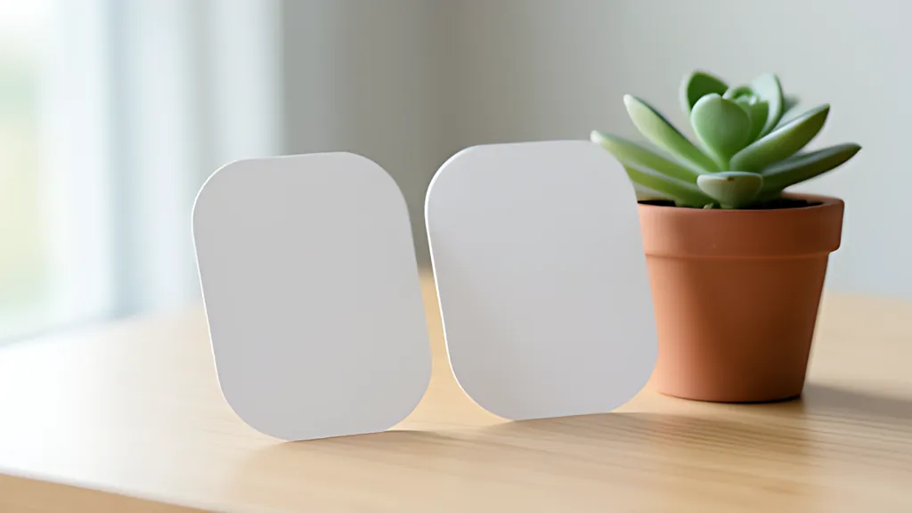 Two blank rounded paper cards leaning against each other on a desk beside a small potted plant in soft daylight.