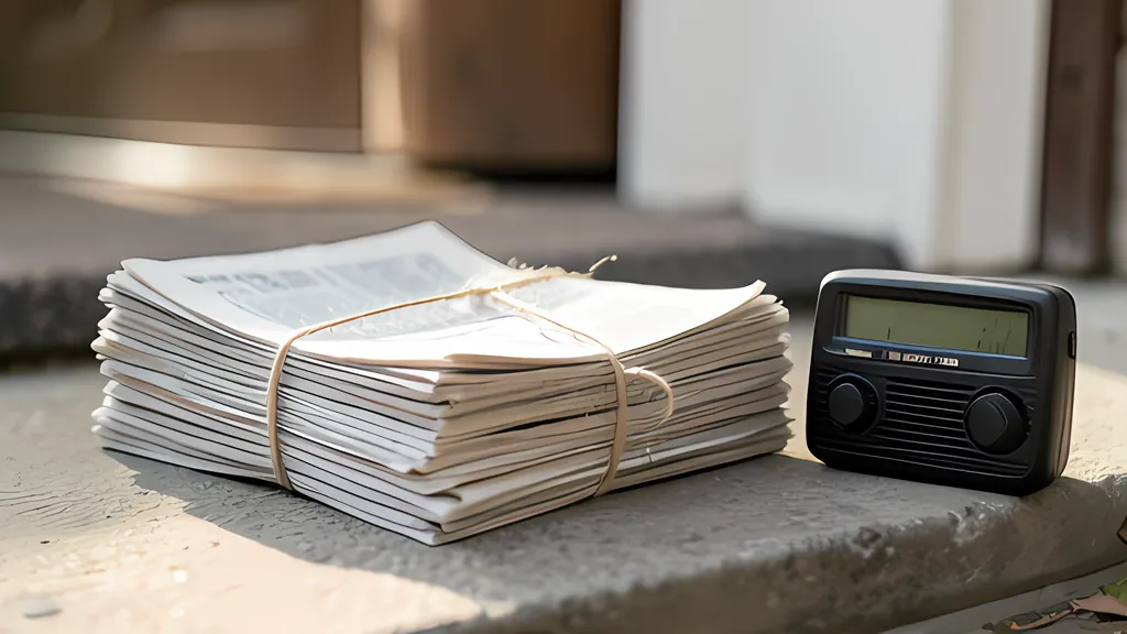 A bundle of folded newspapers tied with twine on a stone doorstep beside a small black radio, in soft morning light.
