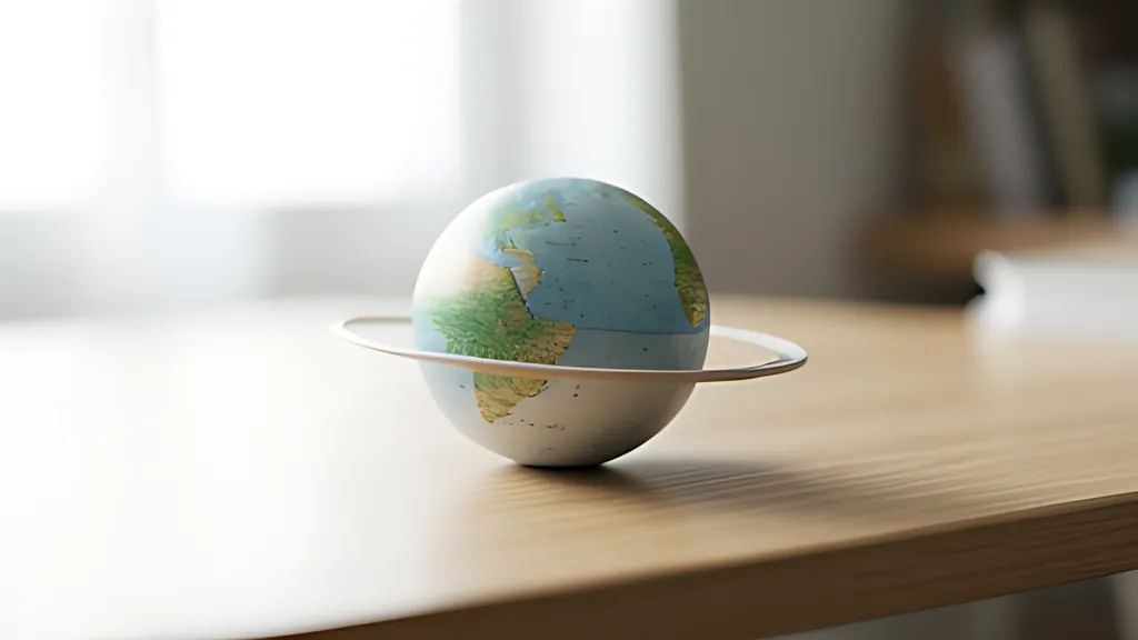 A small painted globe resting on a pale wooden desk, circled by a thin white ring like an orbit, in soft window light.