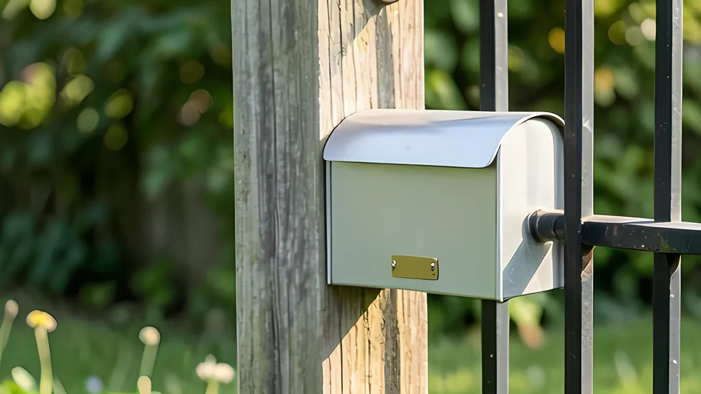 A plain metal mailbox with a small brass plate, fixed to a weathered wooden post beside a black iron garden gate in soft morning light.