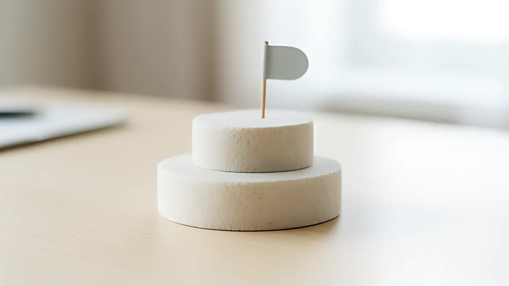 A short staircase of soft rounded green blocks on a pale desk with a tiny rounded flag standing on the top step, in soft daylight.