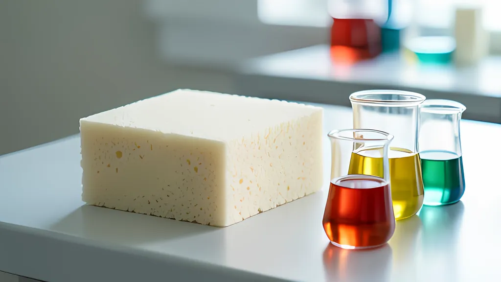 A square natural sponge on a laboratory bench with small glass beakers of colored liquid beside it, in soft daylight, with no people.