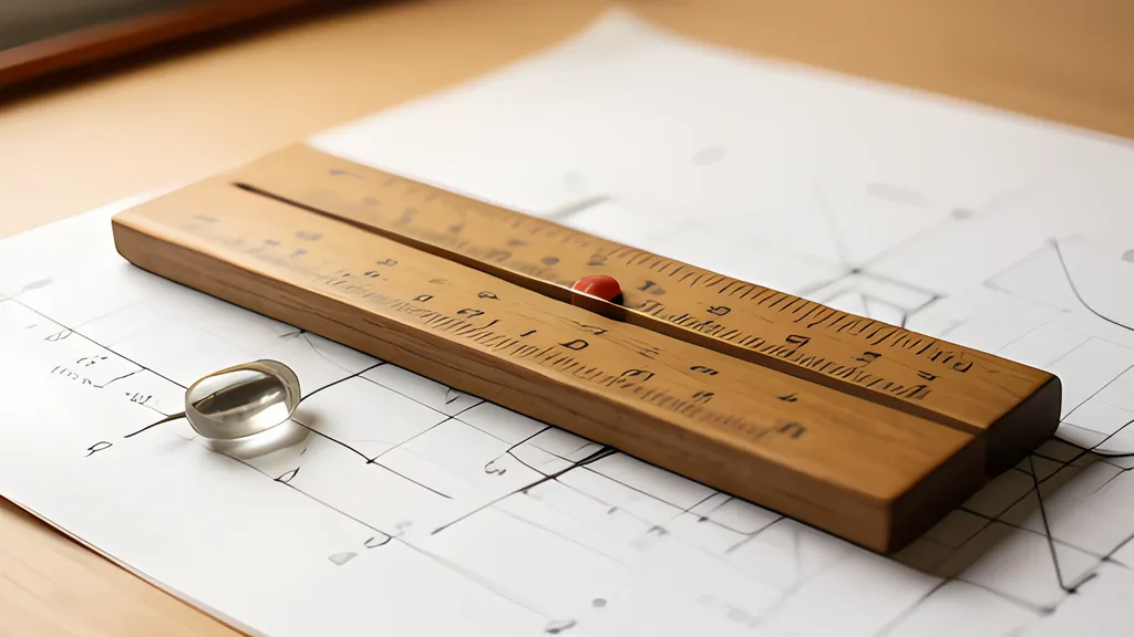 A wooden slide rule with fine engraved scales and a glass cursor lying on engineering graph paper beside a pencil in warm light
