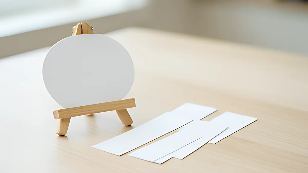 A blank rounded name card on a small wooden easel beside a short row of blank paper strips of different lengths in soft daylight