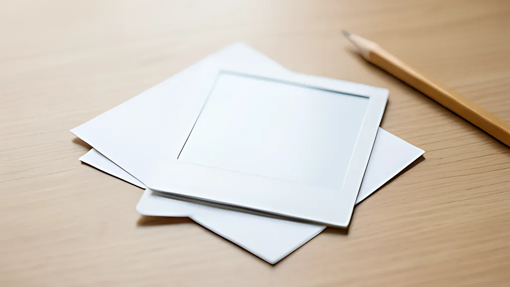 A blank instant-photo card resting on two sheets of white paper on a pale wooden desk, with a yellow pencil lying beside them.