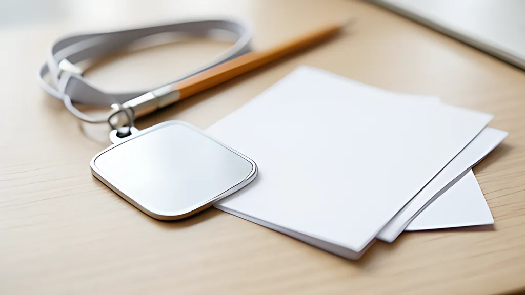 A blank square badge on a grey lanyard lying on a wooden desk beside a pencil and a small stack of blank white paper sheets