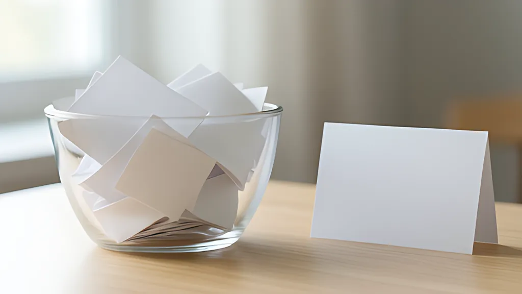 A glass bowl filled with folded blank paper slips on a table beside a small blank card on a stand, in soft daylight.