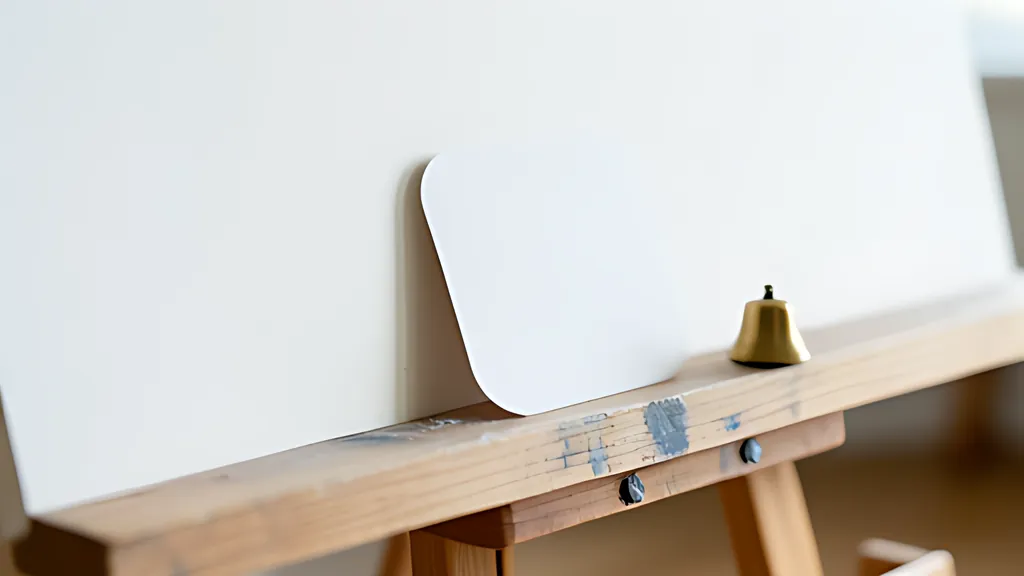 A small blank rounded card resting at the corner of a large blank board on an easel, with a tiny brass bell beside it in soft daylight.