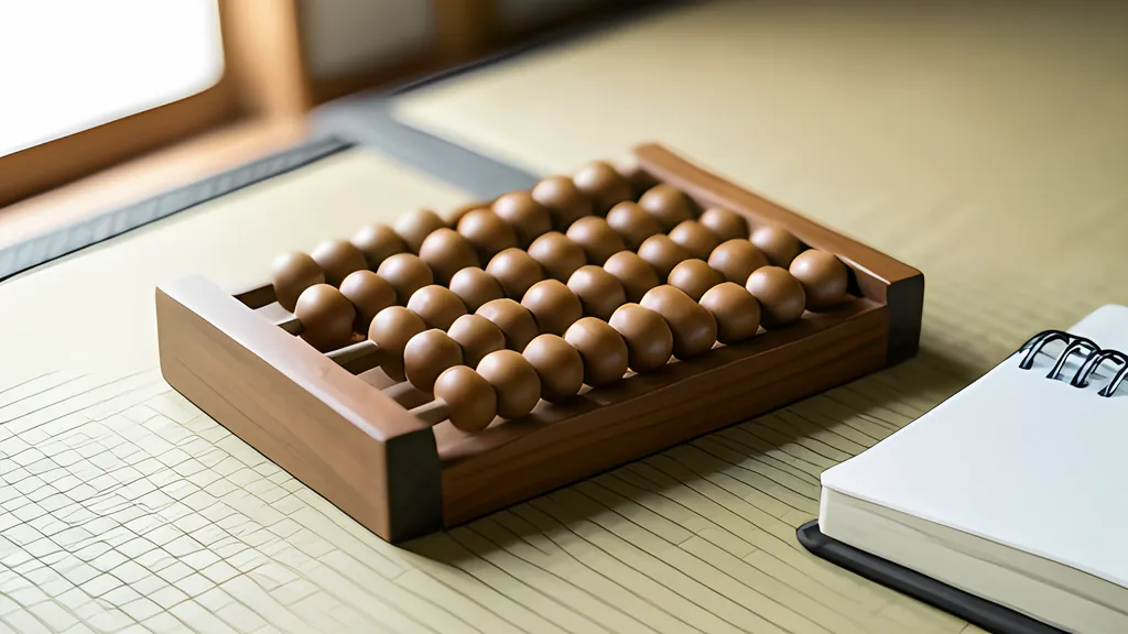 A wooden soroban with rows of polished beads on a tatami-colored desk beside an open notebook in soft daylight