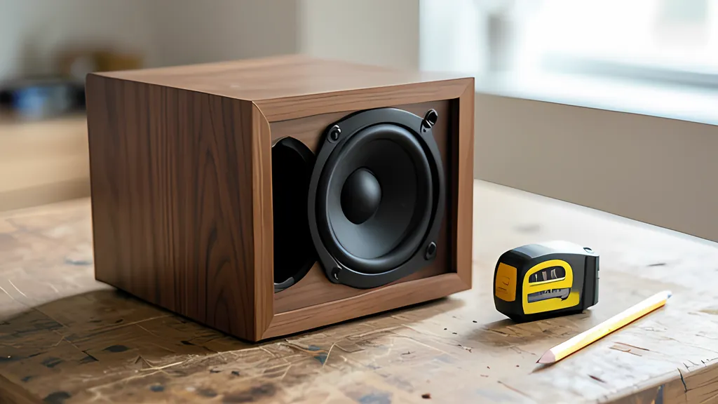 A small walnut loudspeaker cabinet on a scarred workbench, its black woofer set in the front panel, with a yellow tape measure and a pencil beside it.
