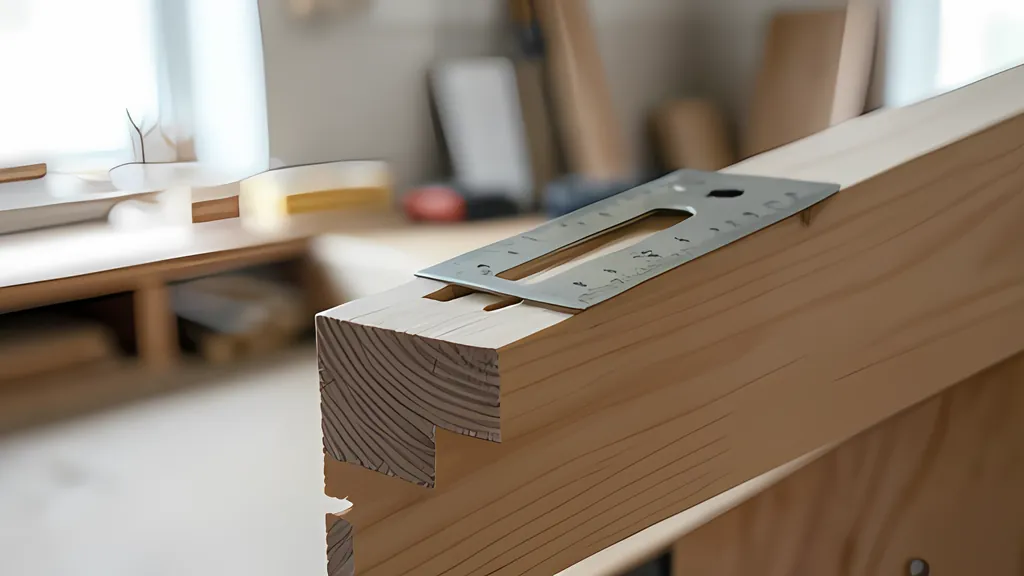 A steel layout gauge resting on the end of a notched softwood board in a bright workshop, with lumber leaning against the wall behind.
