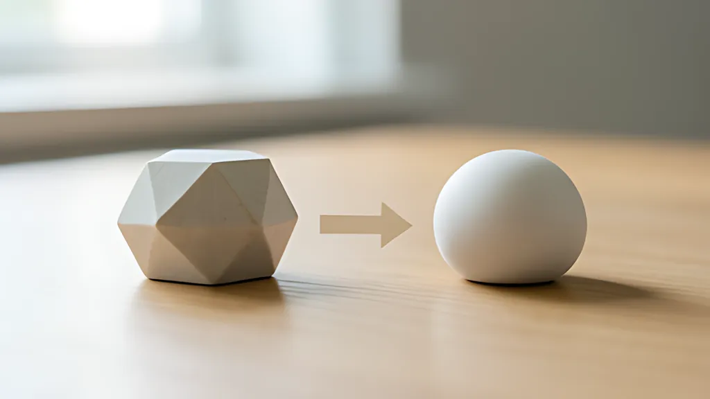 Two small rounded solids on a desk, one faceted and one smooth, in orange and blue, with a soft arrow pointing from the faceted one to the smooth one