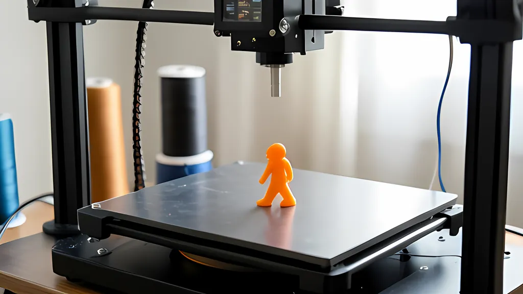 A small orange figure standing on the dark bed of a desktop 3D printer, the print head above it and spools of orange, black and blue filament behind