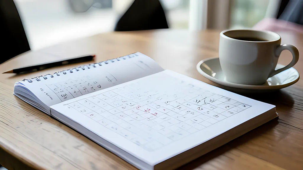 A spiral-bound sudoku booklet lying open on a wooden cafe table beside a pencil and a white cup of coffee in soft daylight