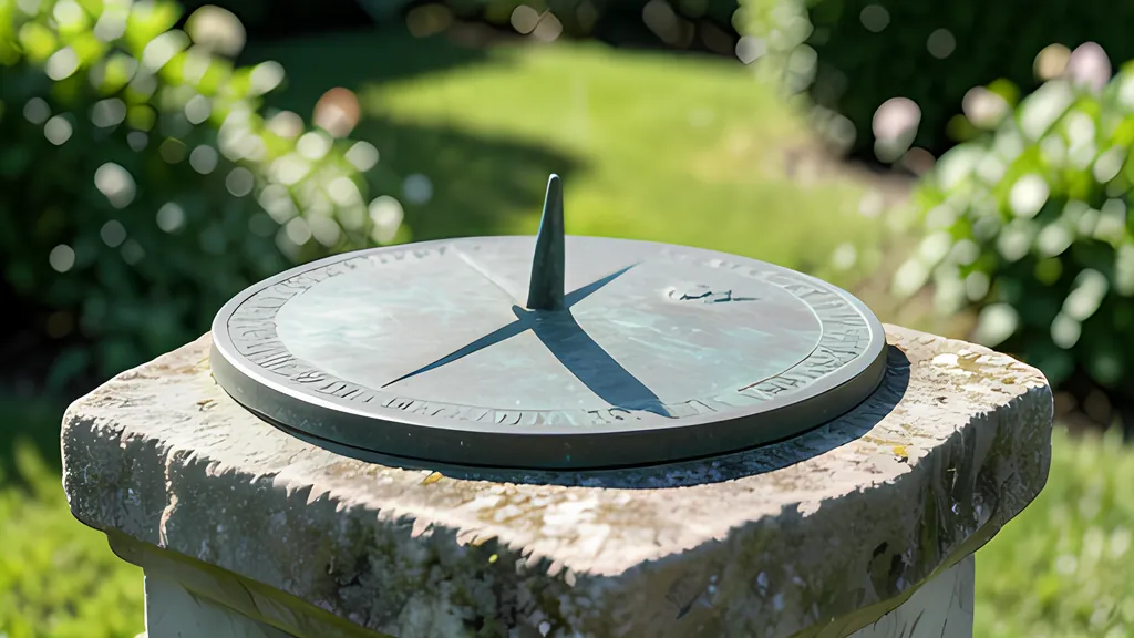 A weathered bronze sundial on a stone pedestal in a sunny garden, its triangular gnomon casting a sharp shadow across the engraved hour lines