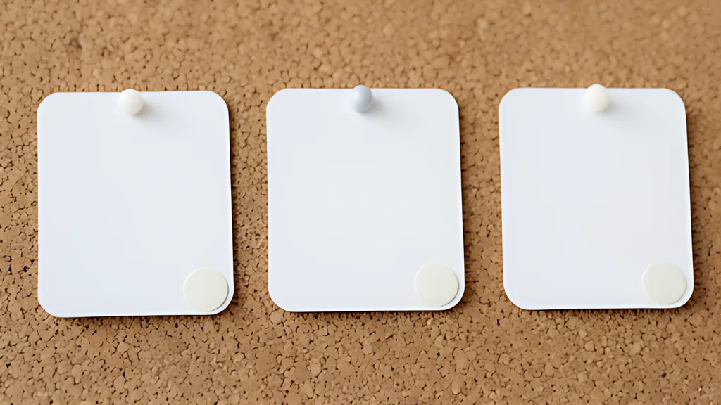 Three blank white rounded cards pinned in a row on a cork board, each with a small pale round sticker at its lower corner, in soft daylight.
