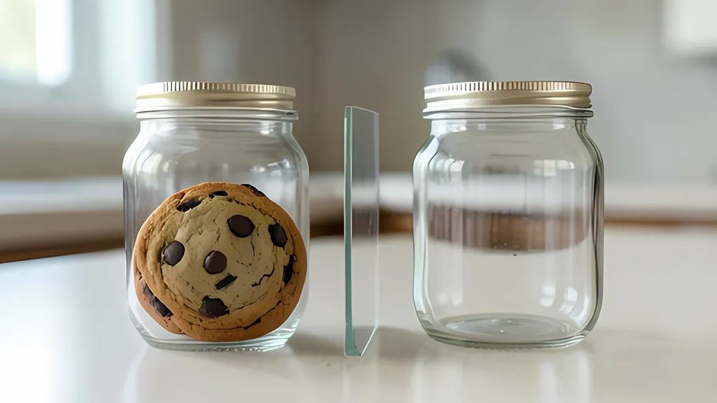 Two glass jars with metal lids on a kitchen counter, a chocolate chip cookie in the left jar, the right jar empty, a clear glass pane standing between them.