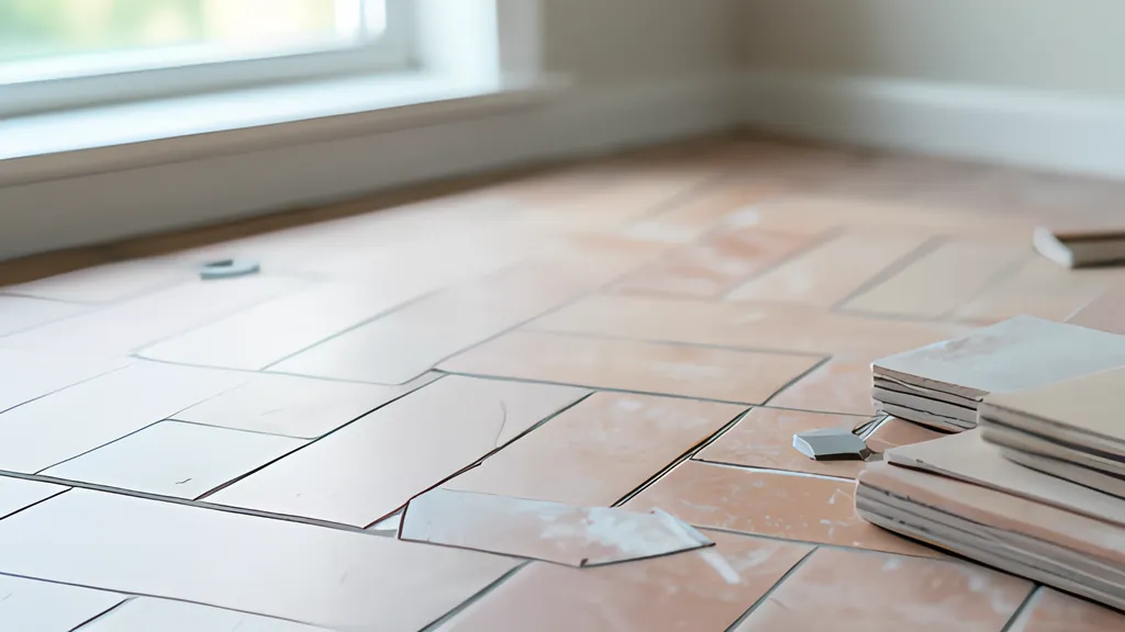 A partly tiled floor in a herringbone pattern with a notched trowel, tile spacers and a stack of tiles beside it, lit by daylight from a window.