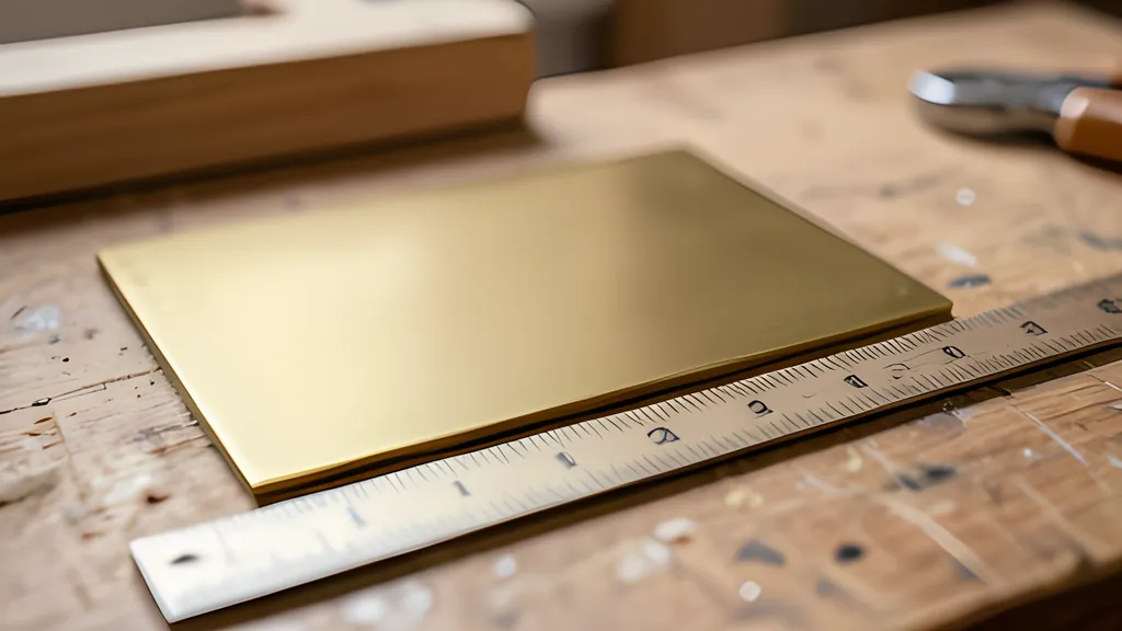 A blank brass door name plate on a wooden workbench with a wooden ruler laid along its lower edge in warm light.