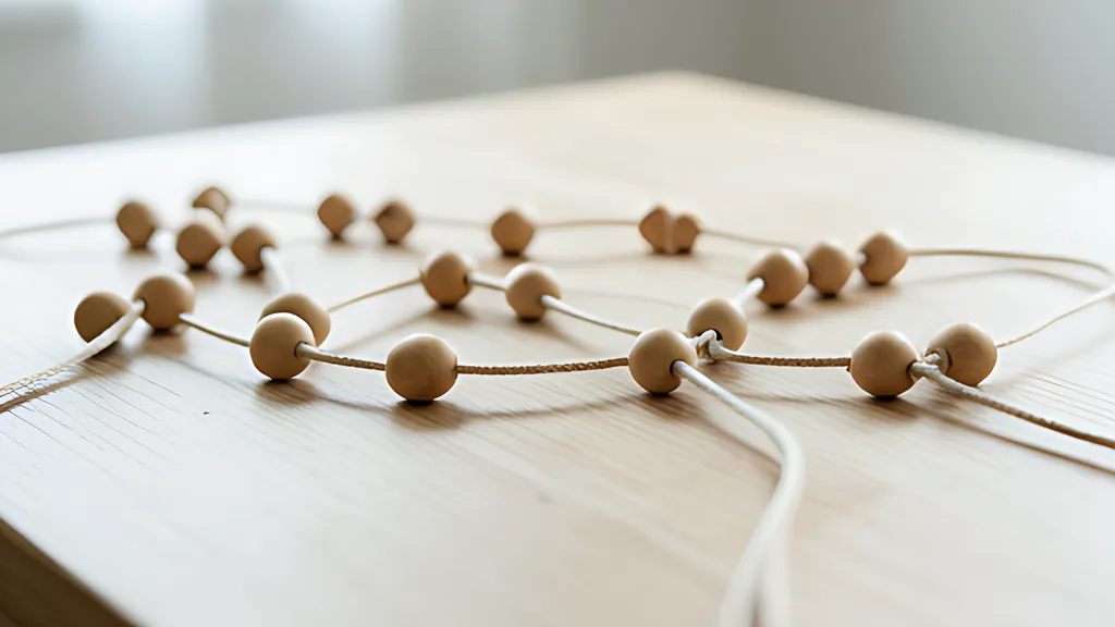 Light wooden beads threaded on white cords, branching and looping across a pale wooden table in soft daylight.