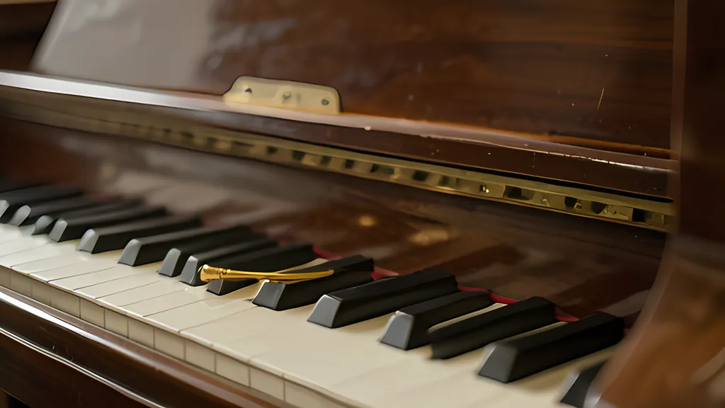 A close view of a wooden piano's black and white keys in warm light, with a small brass tool resting across the black keys and the polished case behind.
