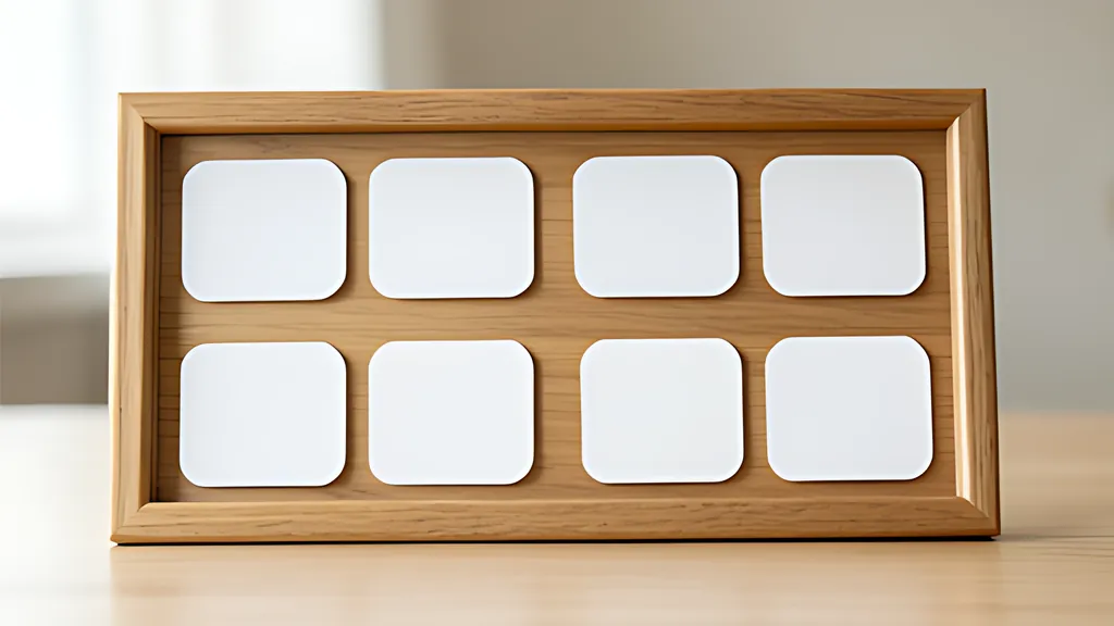 A wide wooden frame holding several blank rounded photo cards of different widths, arranged in two tidy rows in soft daylight.